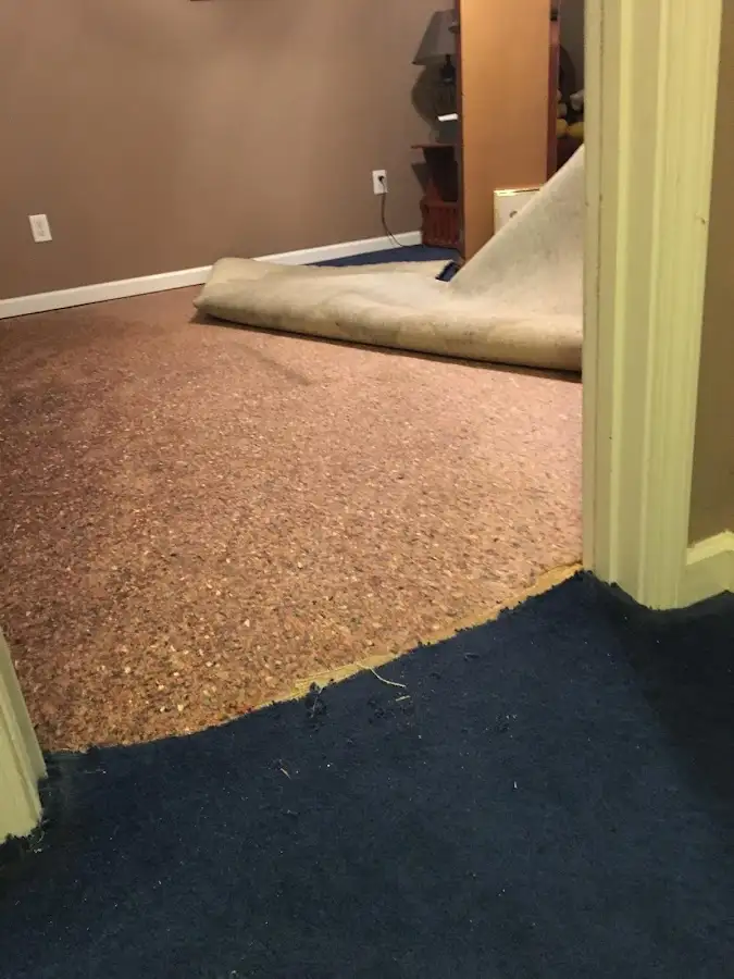 Carpet pad removal revealing water damage during Water Mitigation Services in Pepperell